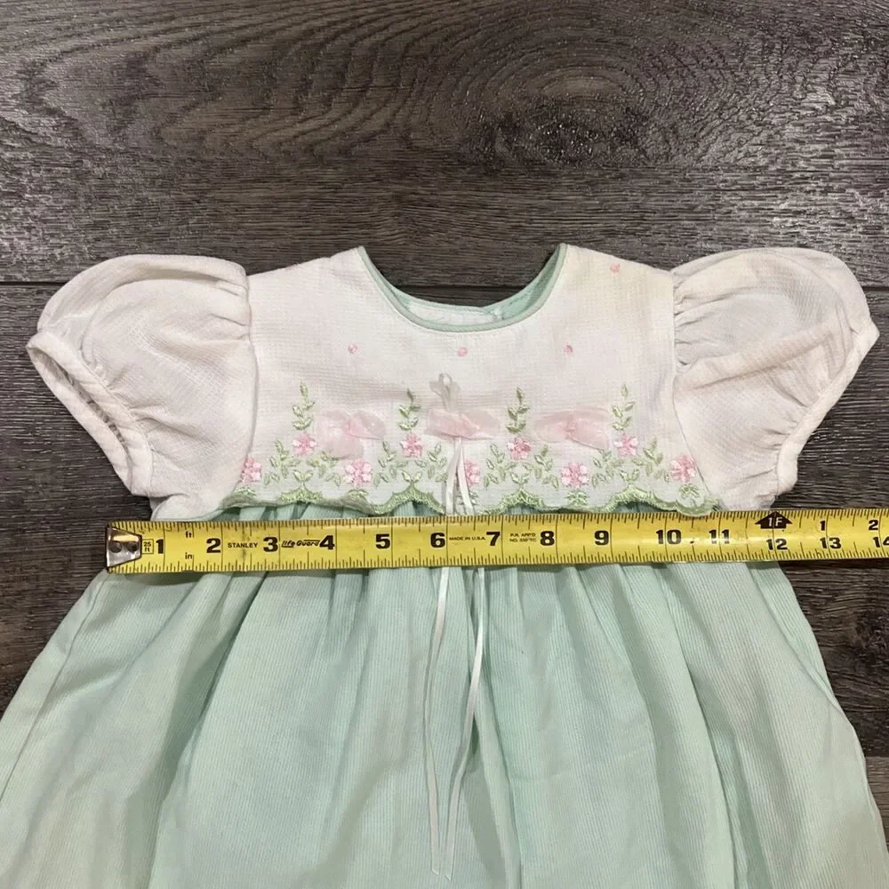 Vintage 90s Rare Editions Sea Foam Green Dress Lace Flowers - Girls 24 Months